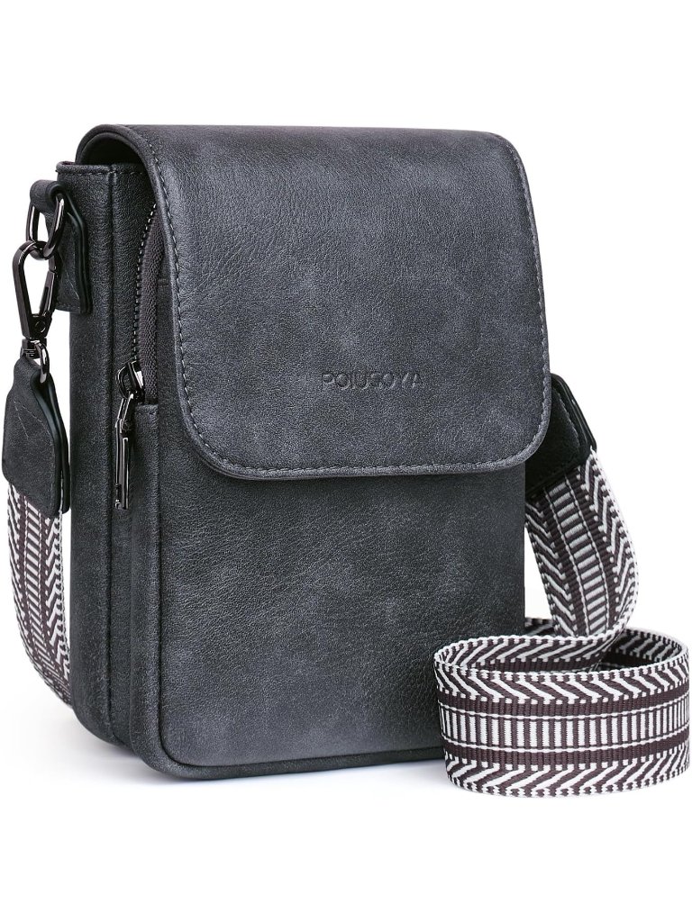 Poiugoya Women's Dark Gray Leather Triple Compartment Cell Phone Crossbody Bag